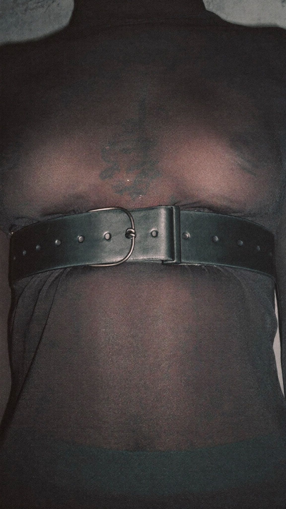 Mesh top with solid underbust band, skin visible through mesh