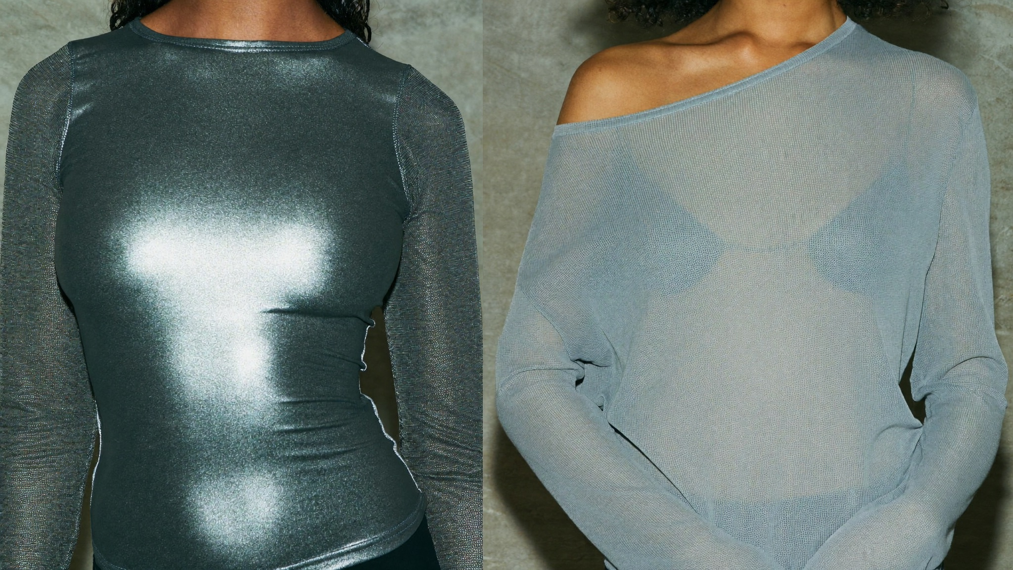 Tight wax-shine gunmetal cut and slouchy drop-shoulder light gray cut side by side
